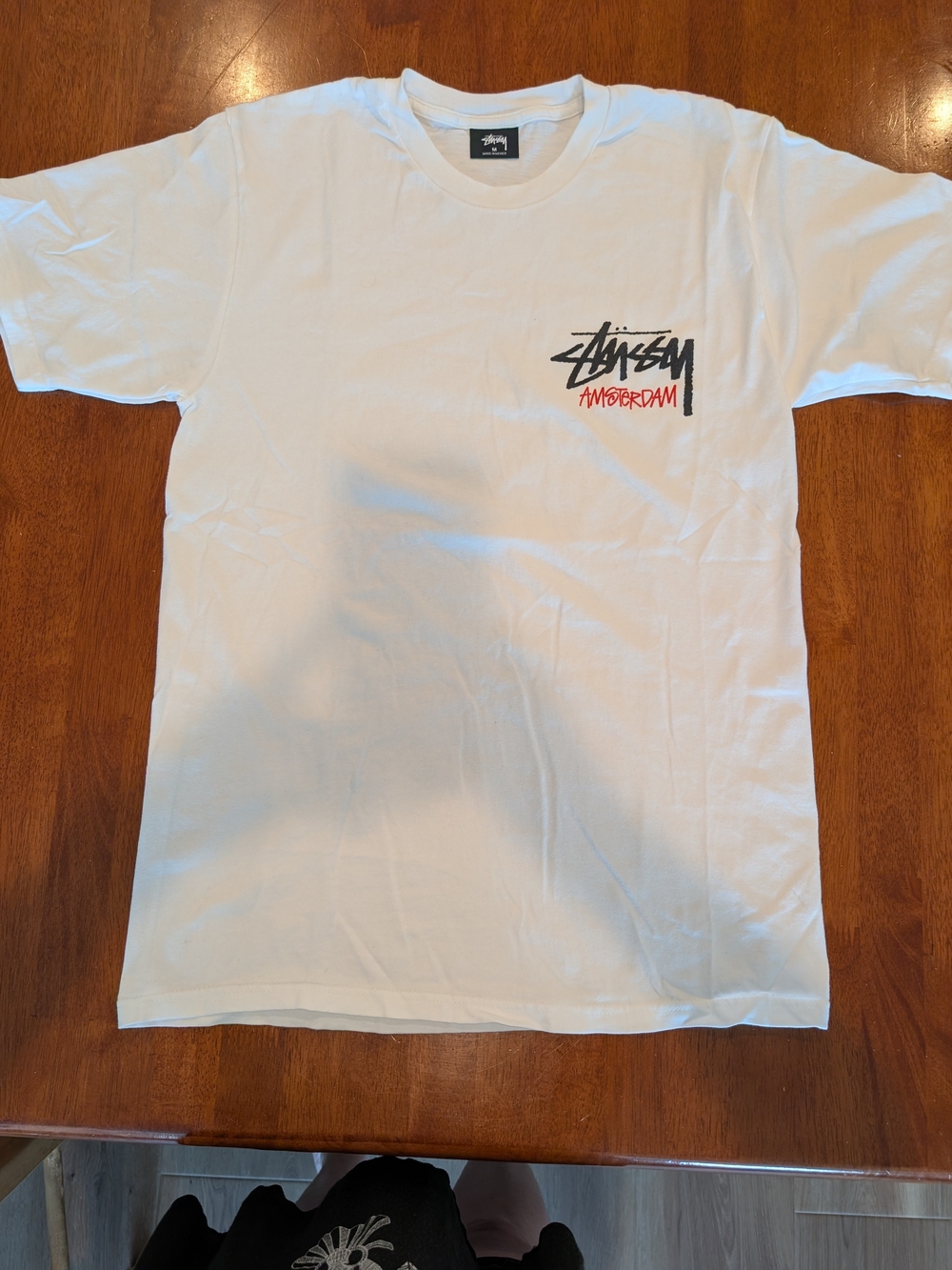 Stussy Amsterdam Logo Graphic Print White T-Shirt Men's M Crew Neck Short Sleeve